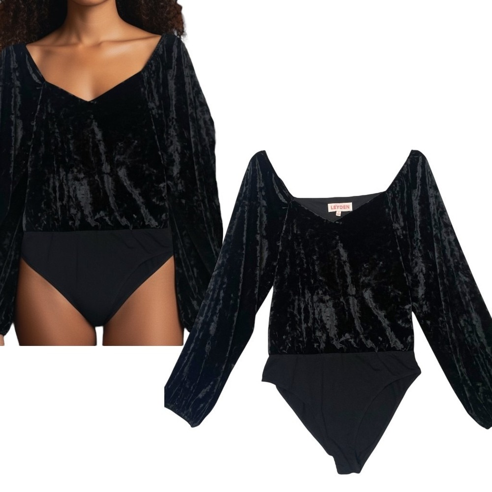 Leyden Velvet Long Sleeve Bodysuit Womens S‎ Black Glam Whimsigoth Gothic Party